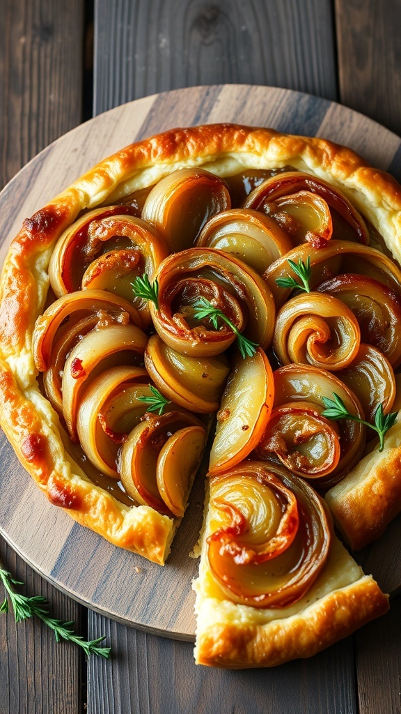 Savory Onion Tarte Tatin Recipe Savory onion tarte tatin with caramelized onions and flaky pastry, garnished with thyme, on a wooden table.